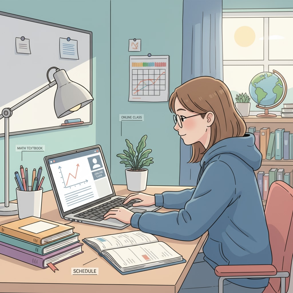 A student sitting at a desk, looking at a laptop with an organized study space, symbolizing productivity in online school A student in an organized online school study space, related to productivity, procrastination, and mental health