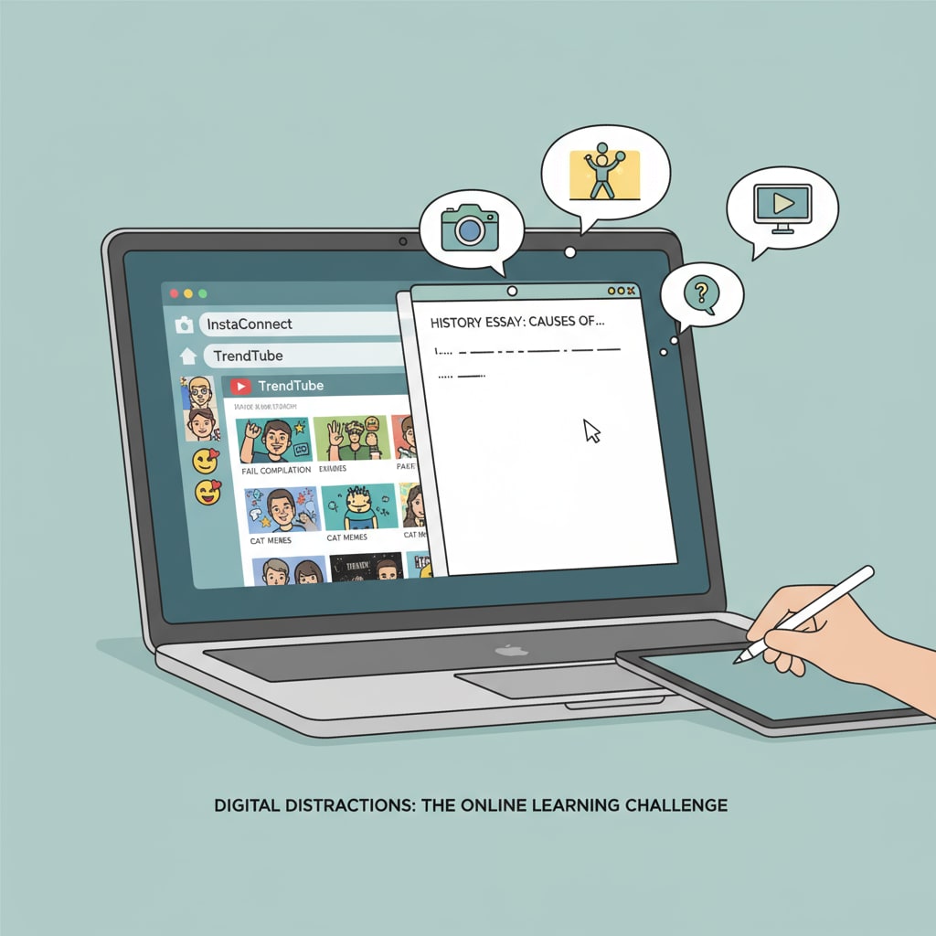 A close-up of a student's laptop screen with open social media tabs and a half-completed assignment, showing distractions in online learning Laptop screen with distractions during online learning, relevant to online school, productivity, procrastination, and mental health