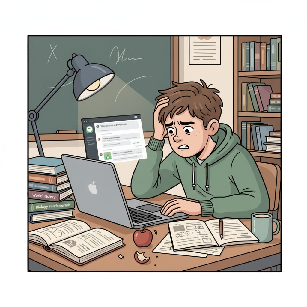 Student sitting at a desk, looking conflicted while using a laptop with ChatGPT open, with books and papers scattered around K12 student facing moral dilemmas while using ChatGPT for academic tasks