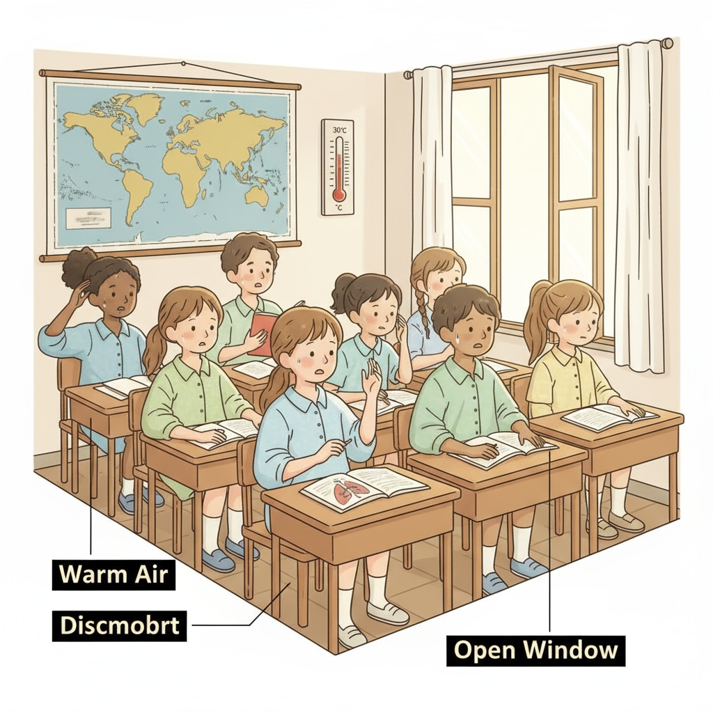 A group of students sitting in a warm classroom, looking a bit uncomfortable but dressed in breathable clothes Students in a high temperature classroom with appropriate clothing