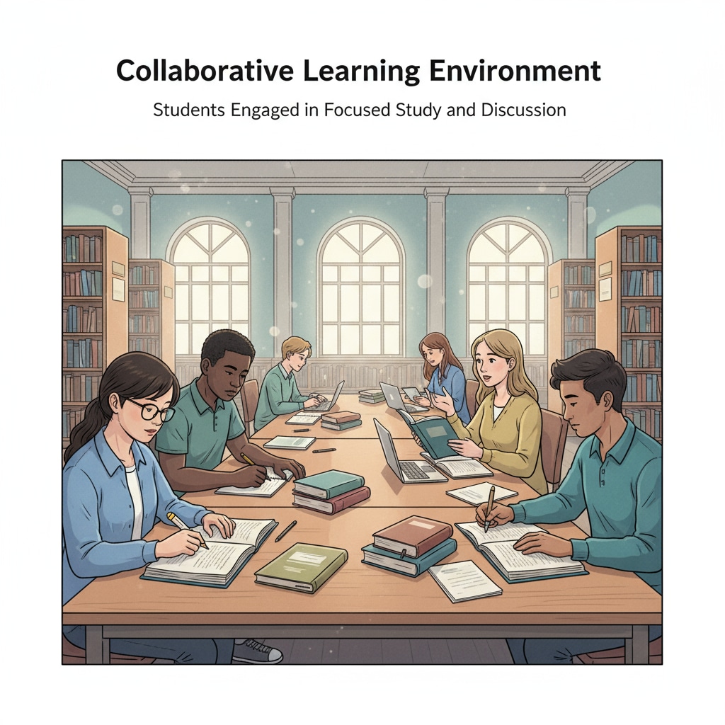 A group of students studying together in a library, showing focus and concentration. They are sitting at tables, reading books, and taking notes, creating an atmosphere of serious learning. Students studying together in a library for high learning efficiency and to achieve 90% scores.