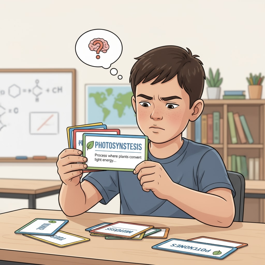 A student using colorful flashcards for active learning. The student is holding the flashcards, looking at the information on them, and engaging in self-testing. A student using flashcards to enhance learning efficiency and aim for 90% scores through active learning.