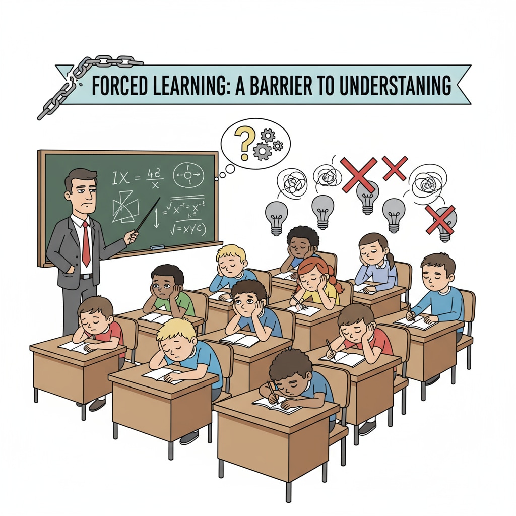 A classroom scene with students looking bored, depicting the ineffectiveness of forced learning. A bored classroom scene highlighting the ineffectiveness of compulsory learning on educational outcomes within the school system.