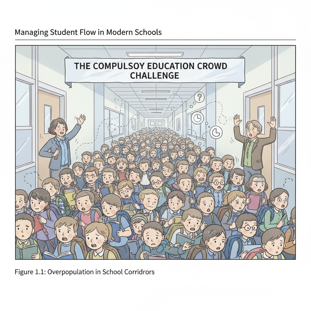 A school hallway filled with students, highlighting the challenges of managing a large number of students under compulsory education. A busy school hallway showing the strain on the school system due to compulsory education and its impact on educational effectiveness.