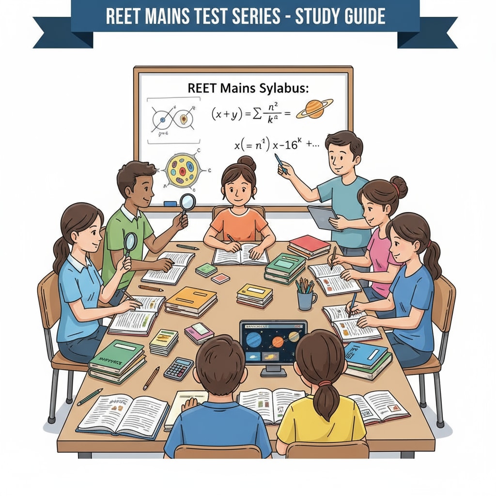 Students are seen poring over study materials related to science and mathematics for their REET Mains test series preparation. Students studying science and mathematics materials for REET Mains test series