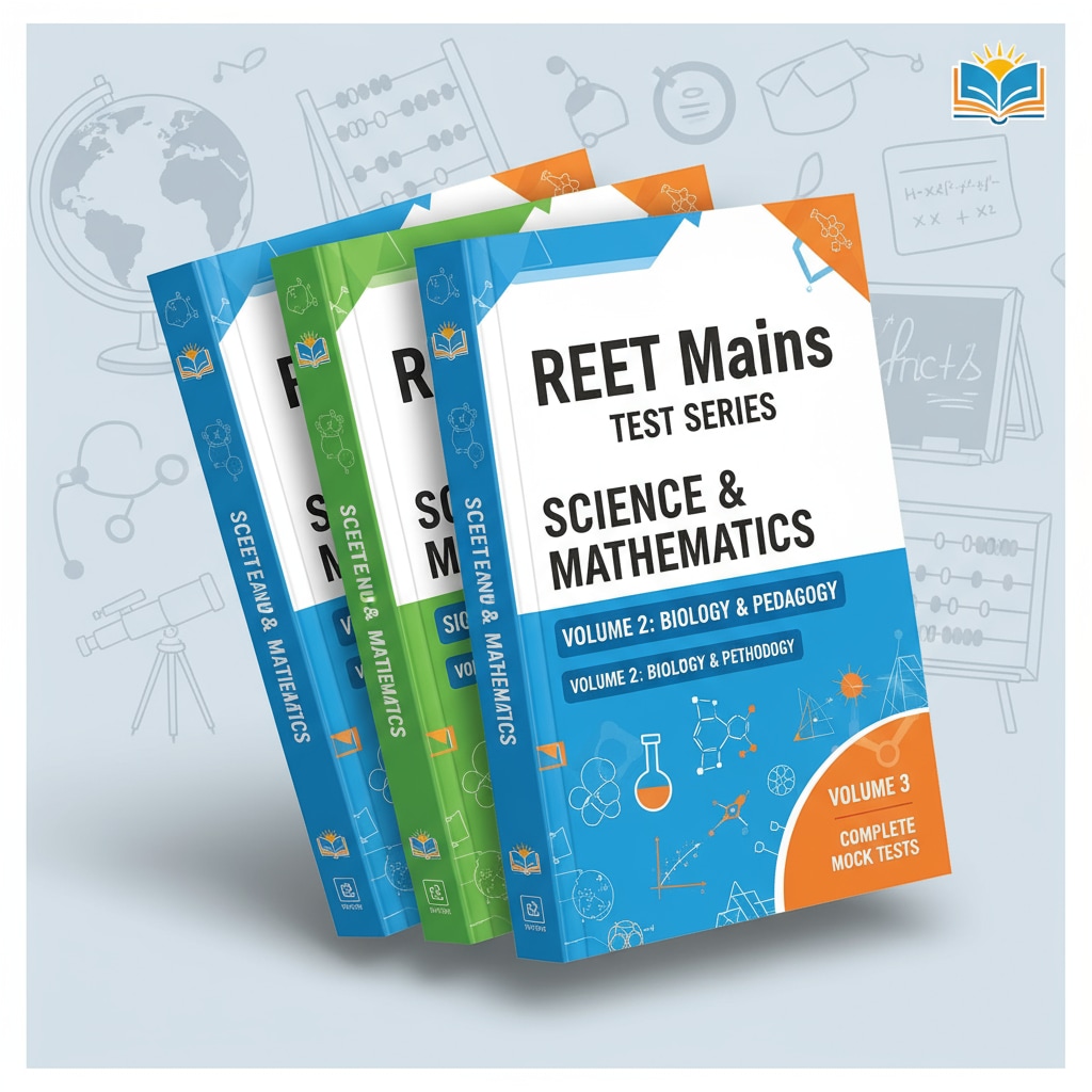 A collection of test series books for REET Mains science and mathematics subjects are displayed. Various test series books for REET Mains science and mathematics