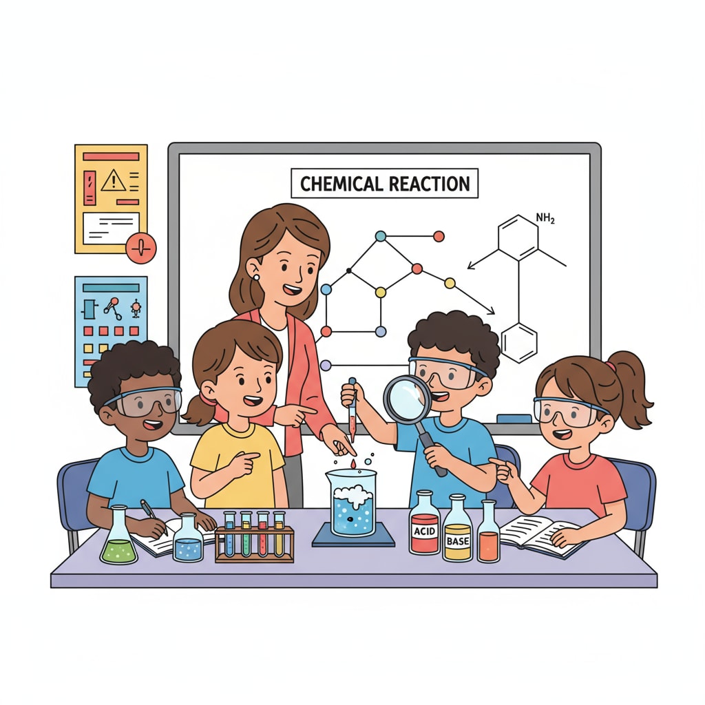 Students are actively involved in a simple chemical experiment within a K12 classroom setting, observing the reaction with curiosity. K12 students exploring chemistry through hands-on experiment, related to career planning and research interests