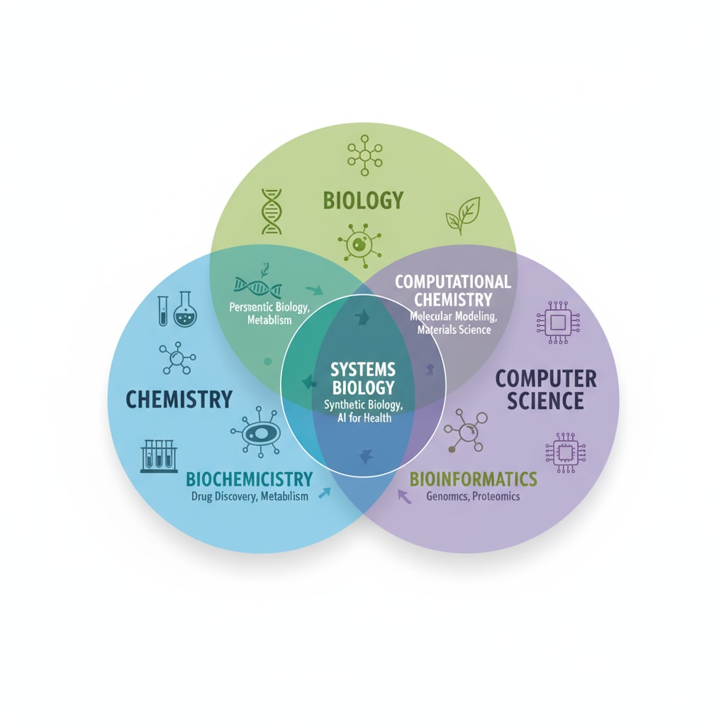 A graphical illustration showing the overlapping areas of chemistry, biology, and computer science, indicating interdisciplinary connections. Visual representation of interdisciplinary fields relevant to chemistry career planning and research interests