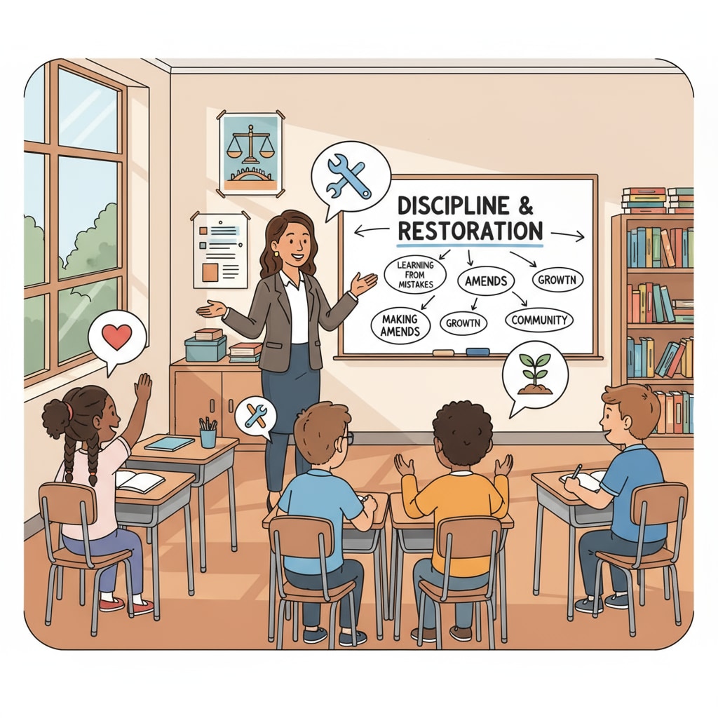 A classroom scene where students are engaged in a discussion about discipline and restoration, with a teacher facilitating. Classroom discussion on school discipline and restorative education