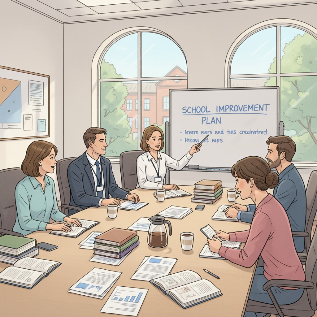 A meeting room where school administrators and parents are having a discussion, with papers and cups of coffee on the table. Meeting between school administrators and parents regarding discipline and restorative education