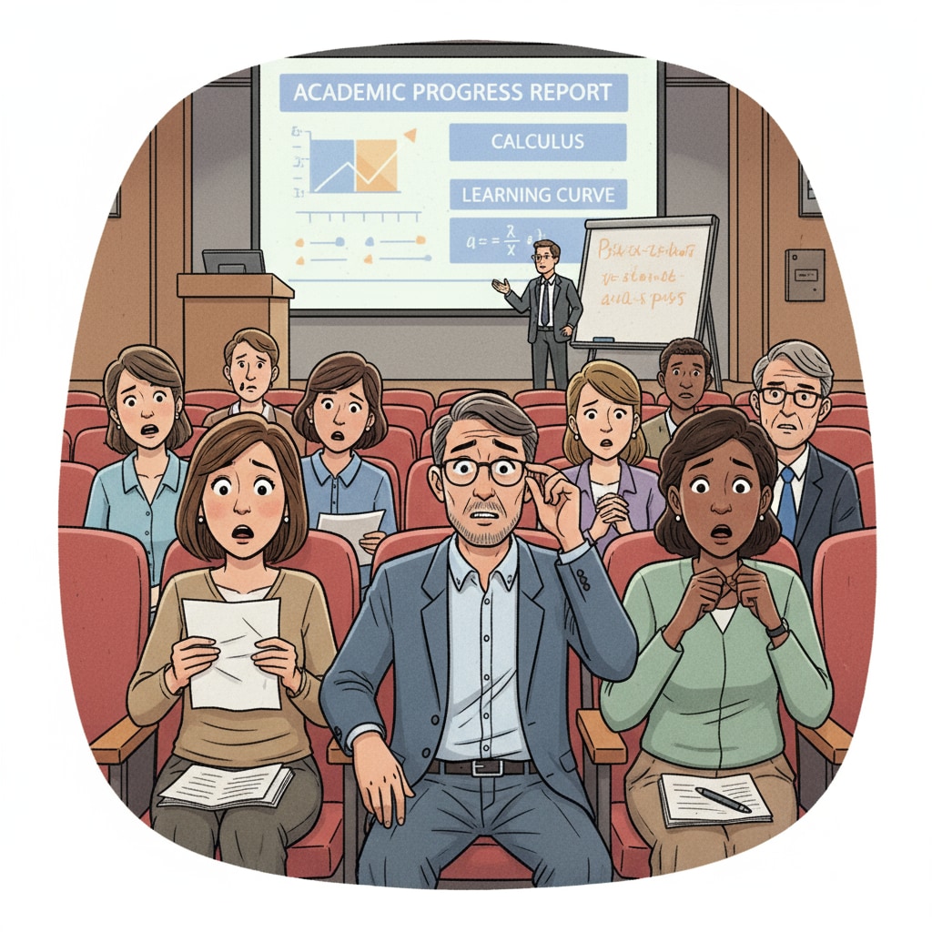 A scene of parents sitting attentively in a high school auditorium during a parent-teacher meeting, with worried expressions on their faces, as they listen to information about their children's academic progress, including calculus learning. Parents expressing concern about their children's calculus learning and overall high school education during a parent-teacher meeting.