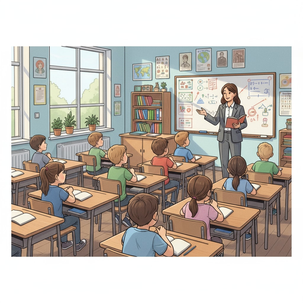A typical classroom scene where students are sitting at their desks, attentively listening to the teacher. Classroom scene related to formal education for promoting lifelong learning and cultural awareness