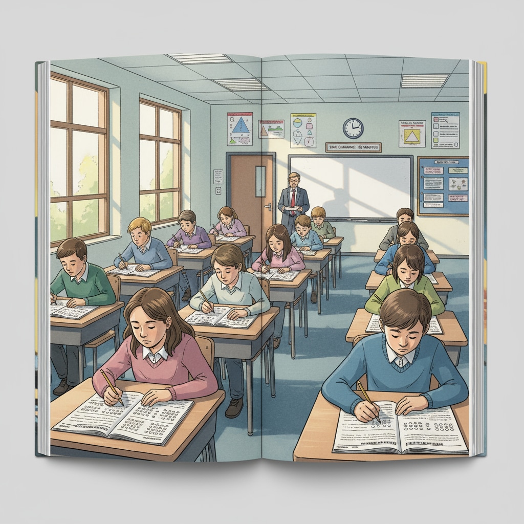 Students are sitting in a quiet room, concentrating on answering questions on a standardized test paper. Students taking a standardized test as part of formal education, relevant to lifelong learning and cultural awareness discussion