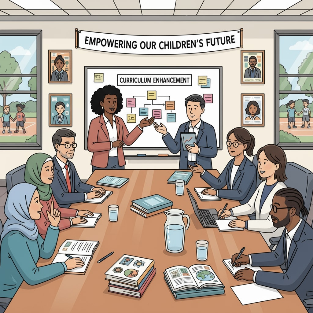 A group of non-white parents is gathered in a school meeting room, engaged in a discussion about how to improve the curriculum. Non-white parents participating in a curriculum improvement meeting
