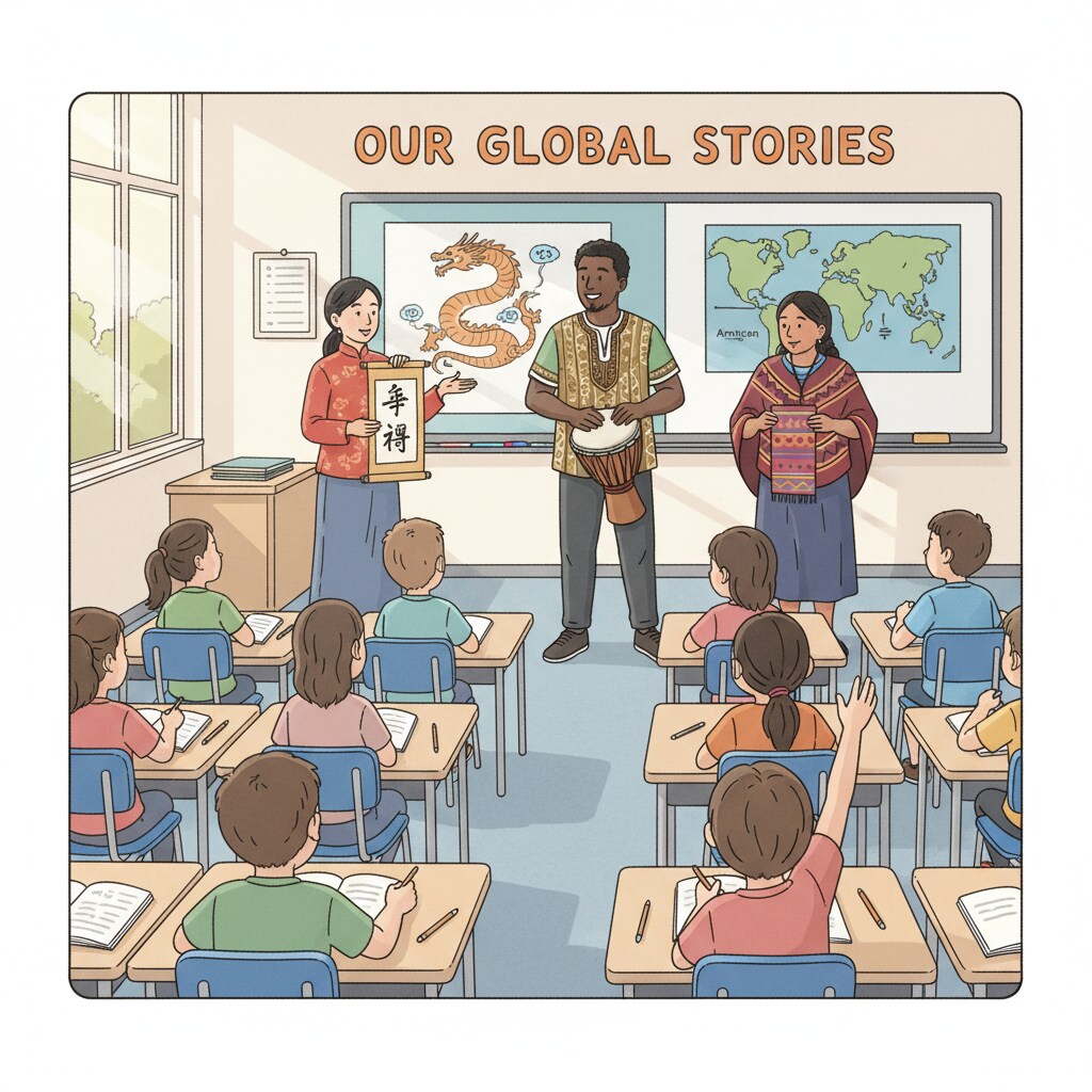 In a classroom, non-white parents are standing in front of students, sharing cultural stories and experiences. Non-white parents sharing cultural stories with students