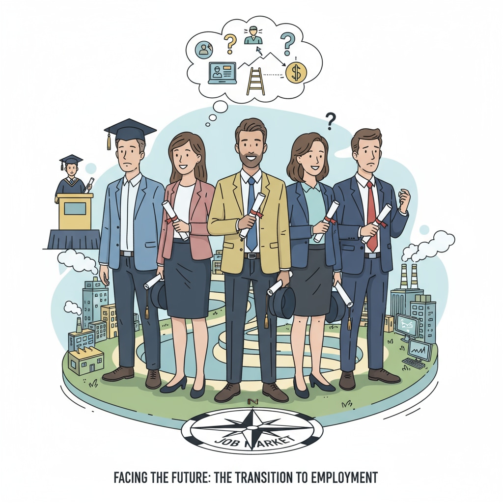 A group of graduates holding their diplomas, looking hopeful but a bit nervous as they face the job market Graduates facing the job market with university grades, employment, and post-graduation value in mind