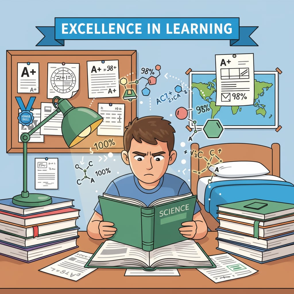 A student poring over textbooks, surrounded by high grades on papers A student focused on achieving high university grades for better employment and post-graduation value