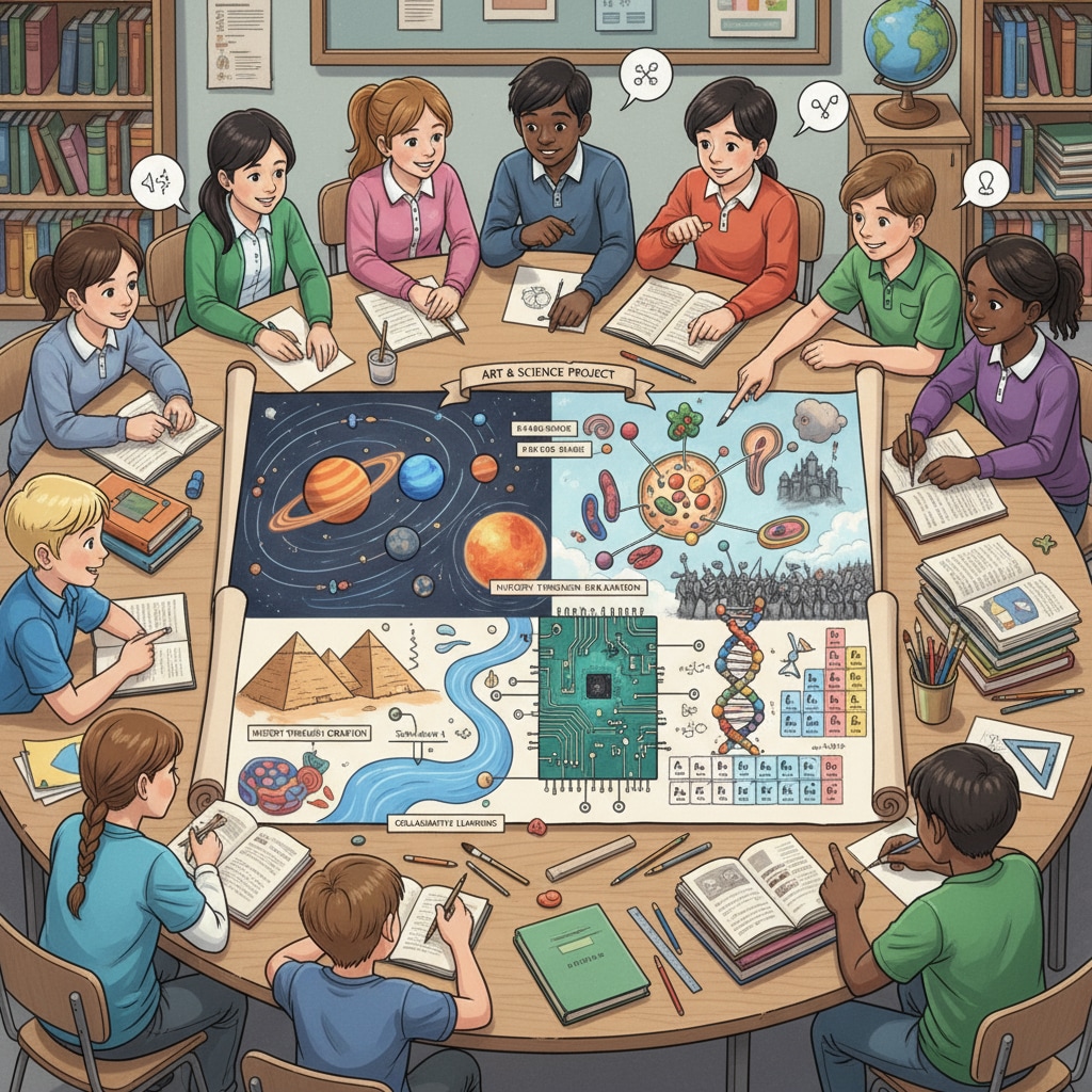 A group of students from different grades are working together on a project that combines elements of multiple subjects, such as using art to represent scientific concepts and historical events. Students collaborating on an interdisciplinary K12 project related to personalized courses and learning plans