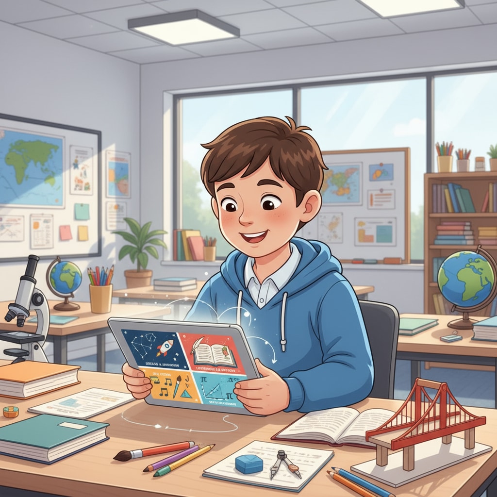 A student is using a tablet to access educational resources across various academic areas, demonstrating an interdisciplinary approach to learning during K12. Student exploring interdisciplinary knowledge with a tablet as part of a K12 learning plan
