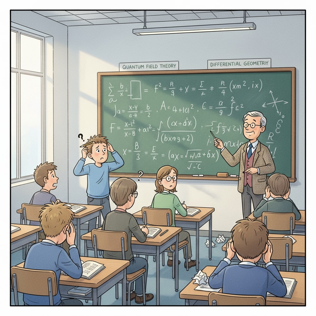 A classroom scene where students are looking confused while trying to understand advanced math formulas on the blackboard. A classroom scene depicting the struggle of students with advanced math in mathematics education and its practicality in school curriculums.