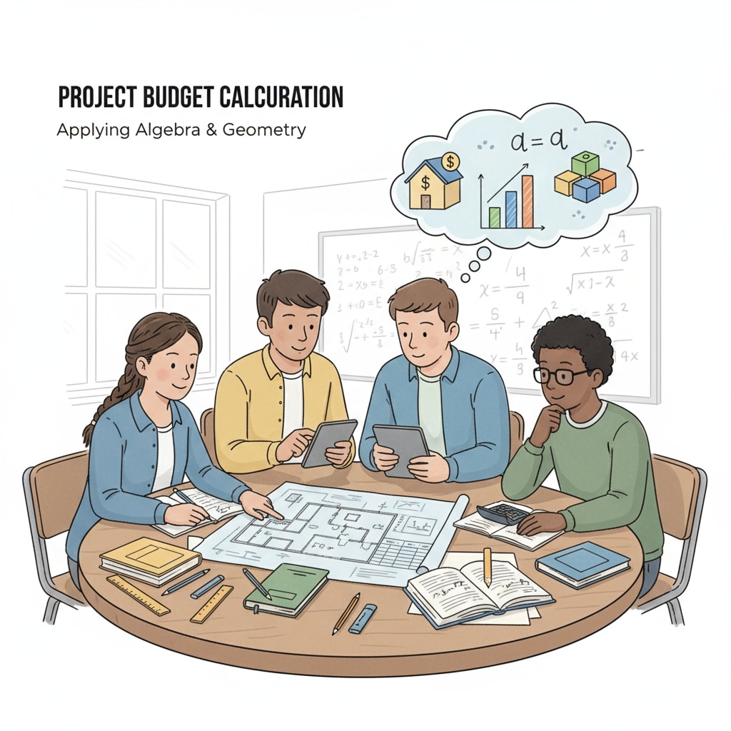 A group of students are gathered around a table, discussing how to apply math in a real-life situation, like calculating the cost of a project. Students discussing practical applications of math, highlighting the practicality aspect of mathematics education in school curriculums.