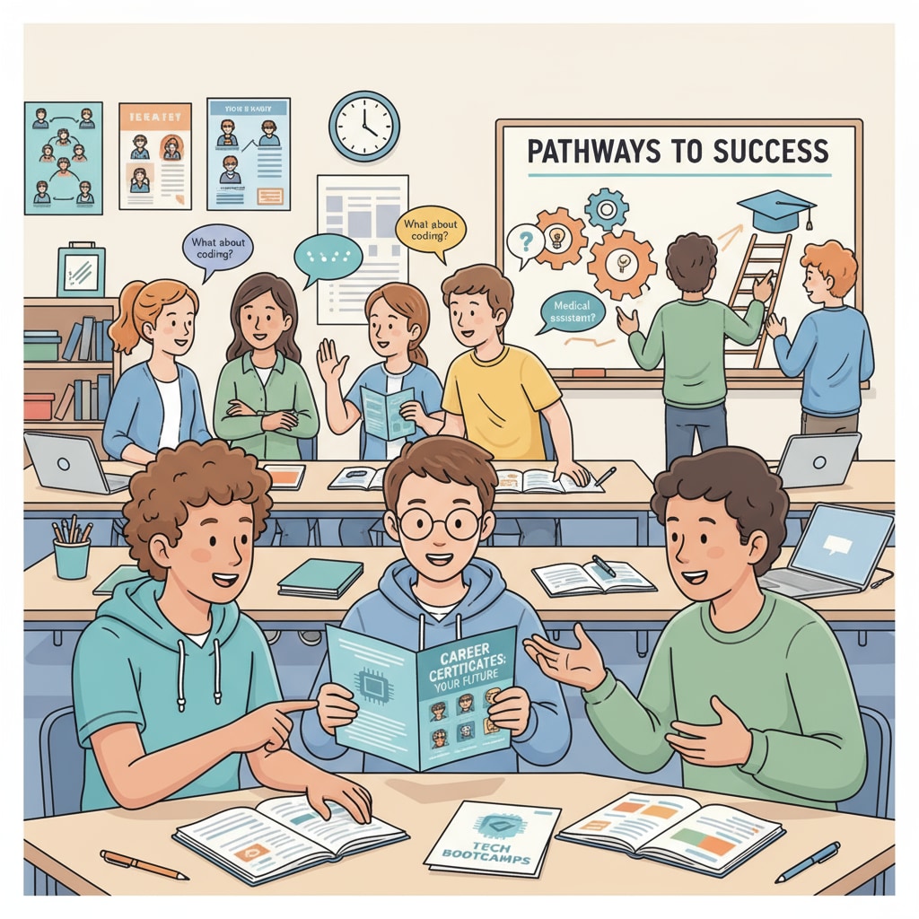 A classroom scene where students are discussing career certificates. Some students are looking at brochures about different certificate programs, and others are engaged in a lively conversation. Students discussing career certificates in a classroom, highlighting the concepts of employment readiness and educational value.