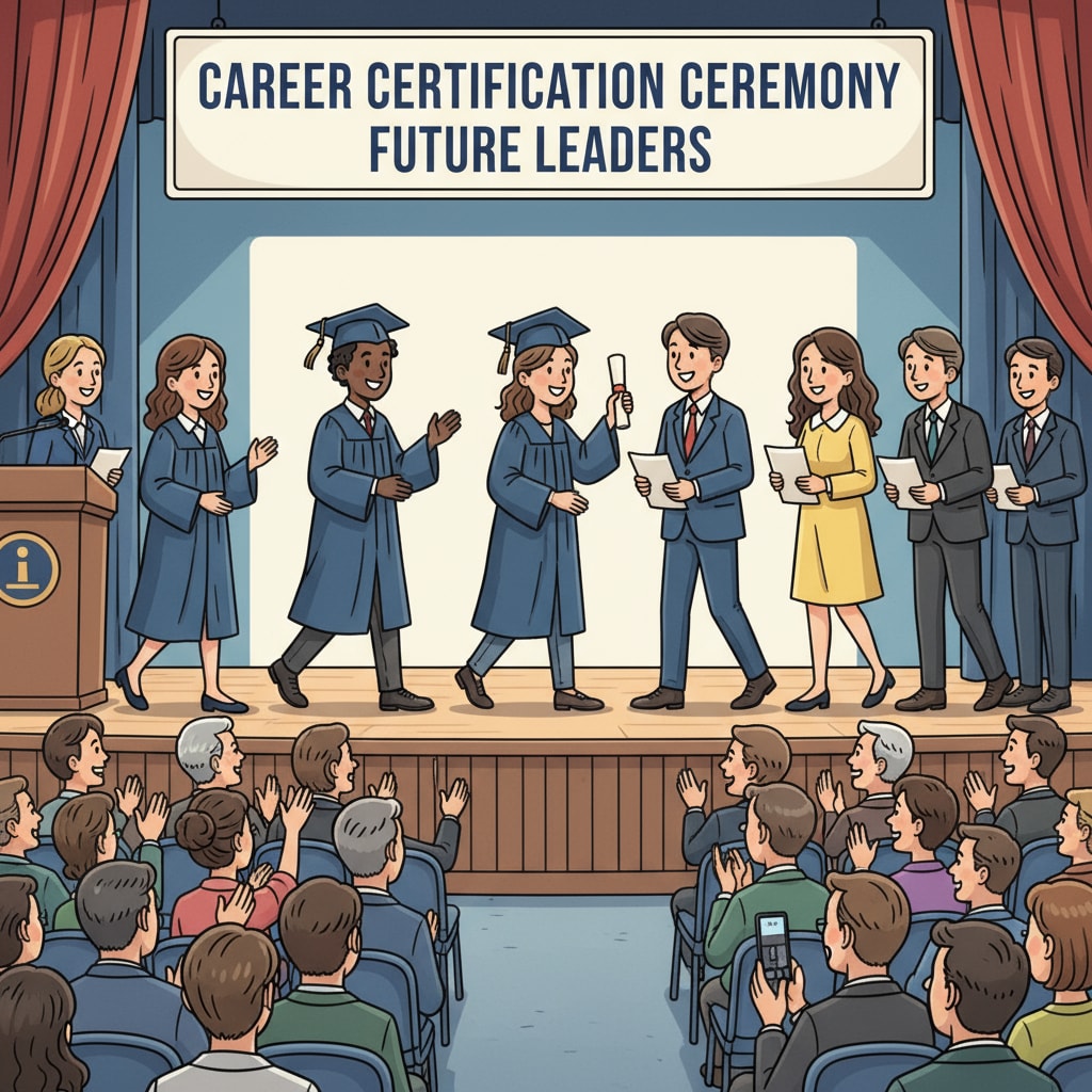 A group of students receiving career certificates at a school ceremony. The students are smiling as they walk across the stage to receive their certificates, with teachers and parents looking on. Students receiving career certificates, emphasizing the connection between career certificates, employment readiness, and educational value.