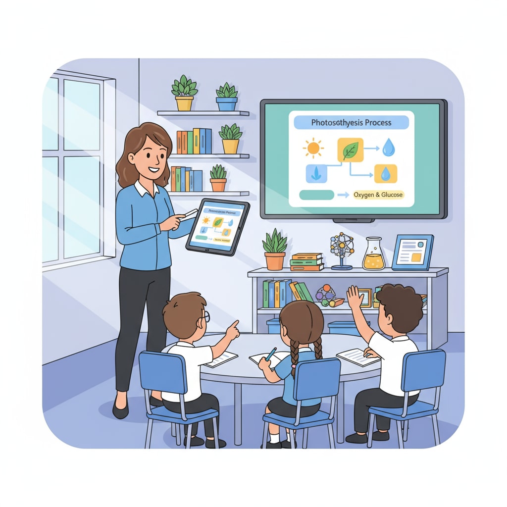 A teacher is using a digital device in the classroom. The device is showing an educational application that helps with teaching tasks. The teacher is interacting with students while using the technology. A teacher using educational technology to enhance teaching efficiency