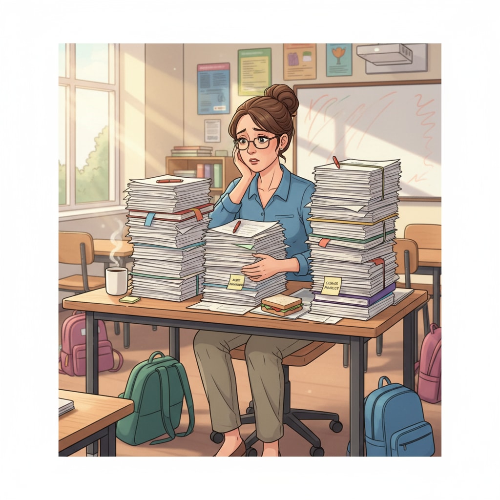 A teacher is sitting at a desk. There are piles of papers for grading in front of the teacher. The teacher looks a bit overwhelmed. A teacher burdened with a heavy workload of grading papers