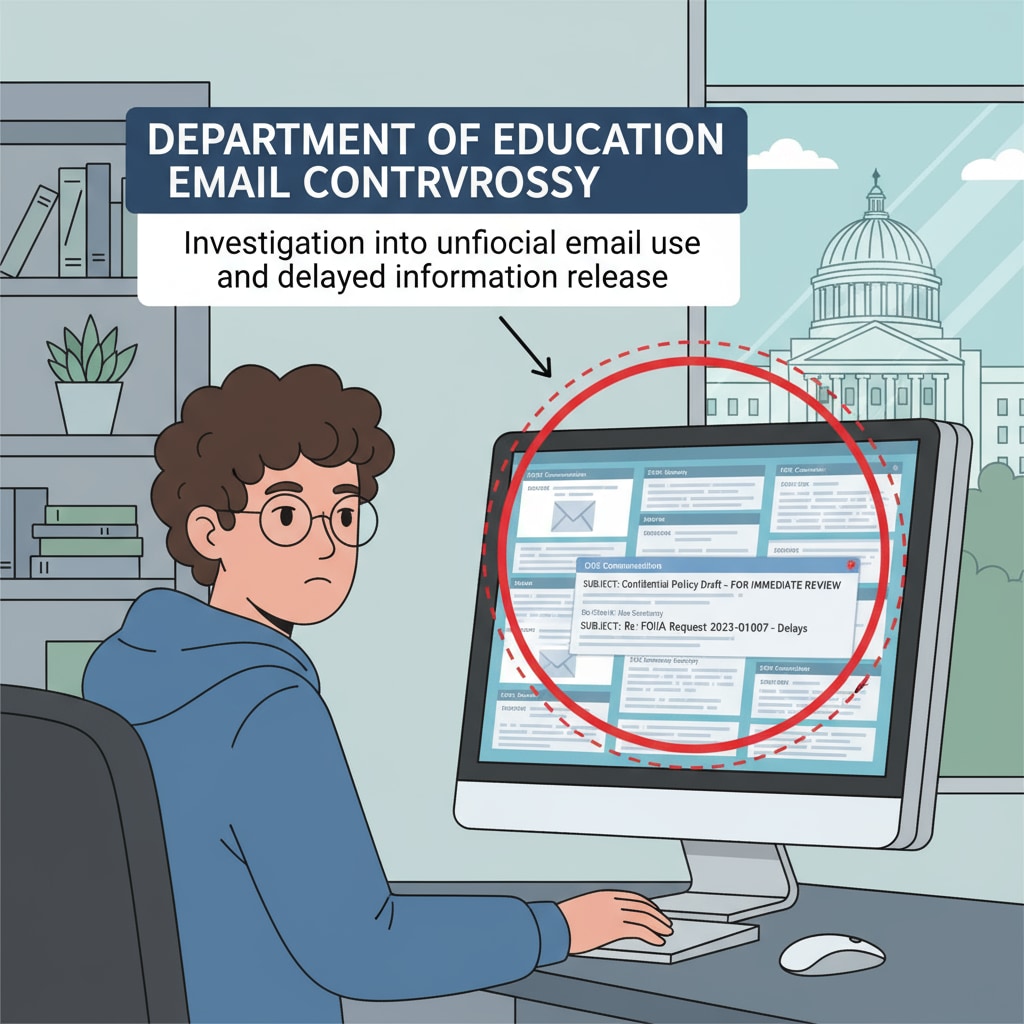 An illustration depicting a person looking at a computer screen filled with emails, highlighting the Department of Education email controversy. Federal unions, litigation, Department of Education, email alterations - illustration of email controversy
