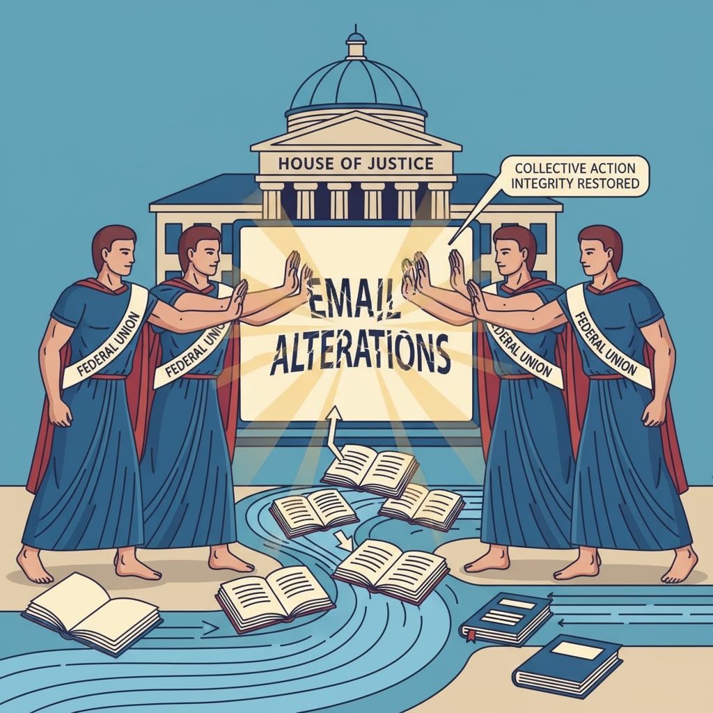 A group of individuals standing united, symbolizing federal unions taking action against the email alterations. Federal unions, litigation, Department of Education, email alterations - representation of federal unions