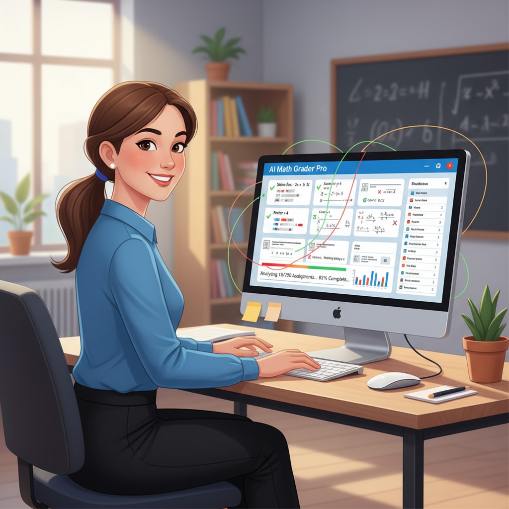 A teacher is sitting in front of a computer, using an AI math grading software interface to grade students' math assignments. The screen shows different math problems and students' answers being analyzed in real-time. A teacher using an AI math grading tool to enhance work efficiency and save time.