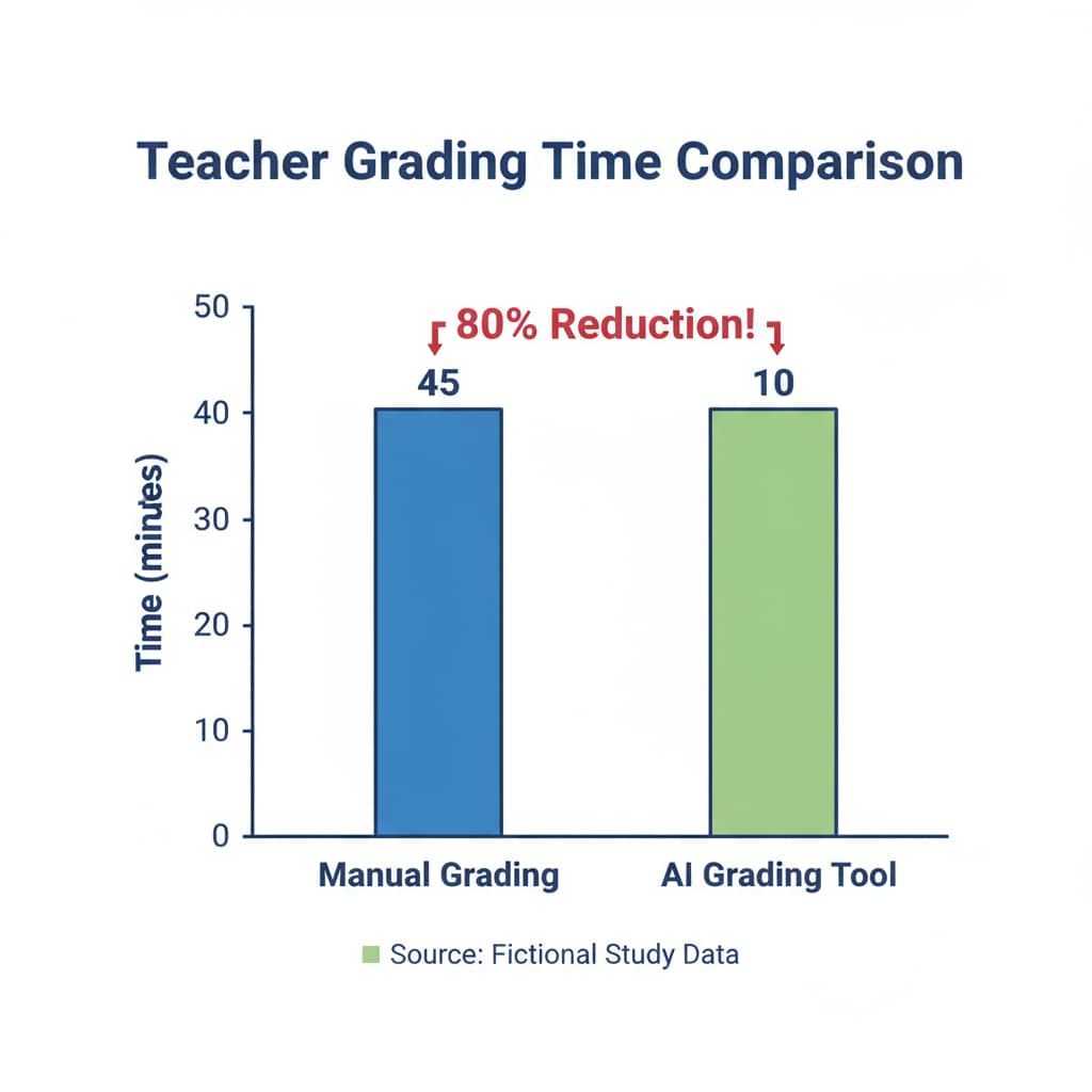 A bar graph comparing the time taken by a teacher to grade math assignments manually and with the help of an AI math grading tool. The bars clearly show a significant reduction in time when using the AI tool. Graph showing the reduction in grading time with AI math grading tools for improved teacher efficiency.