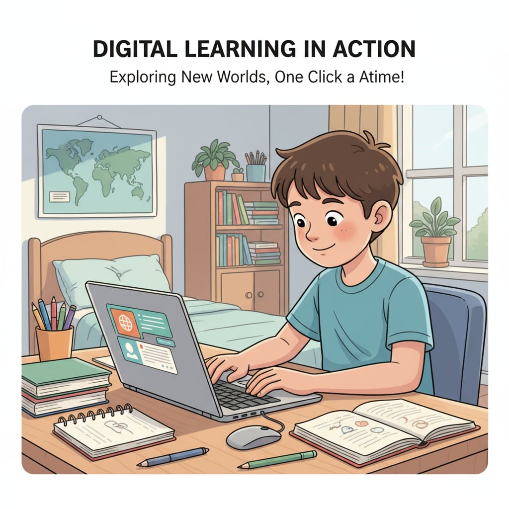 A student is sitting at a desk, using a Chromebook to engage in digital learning activities. A student using a Chromebook for digital learning in the context of math education and parent tutoring