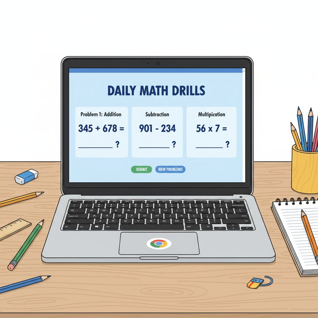 The screen of a Chromebook displays a page with limited math practice problems. Chromebook screen showing insufficient math practice materials relevant to digital learning and parent tutoring