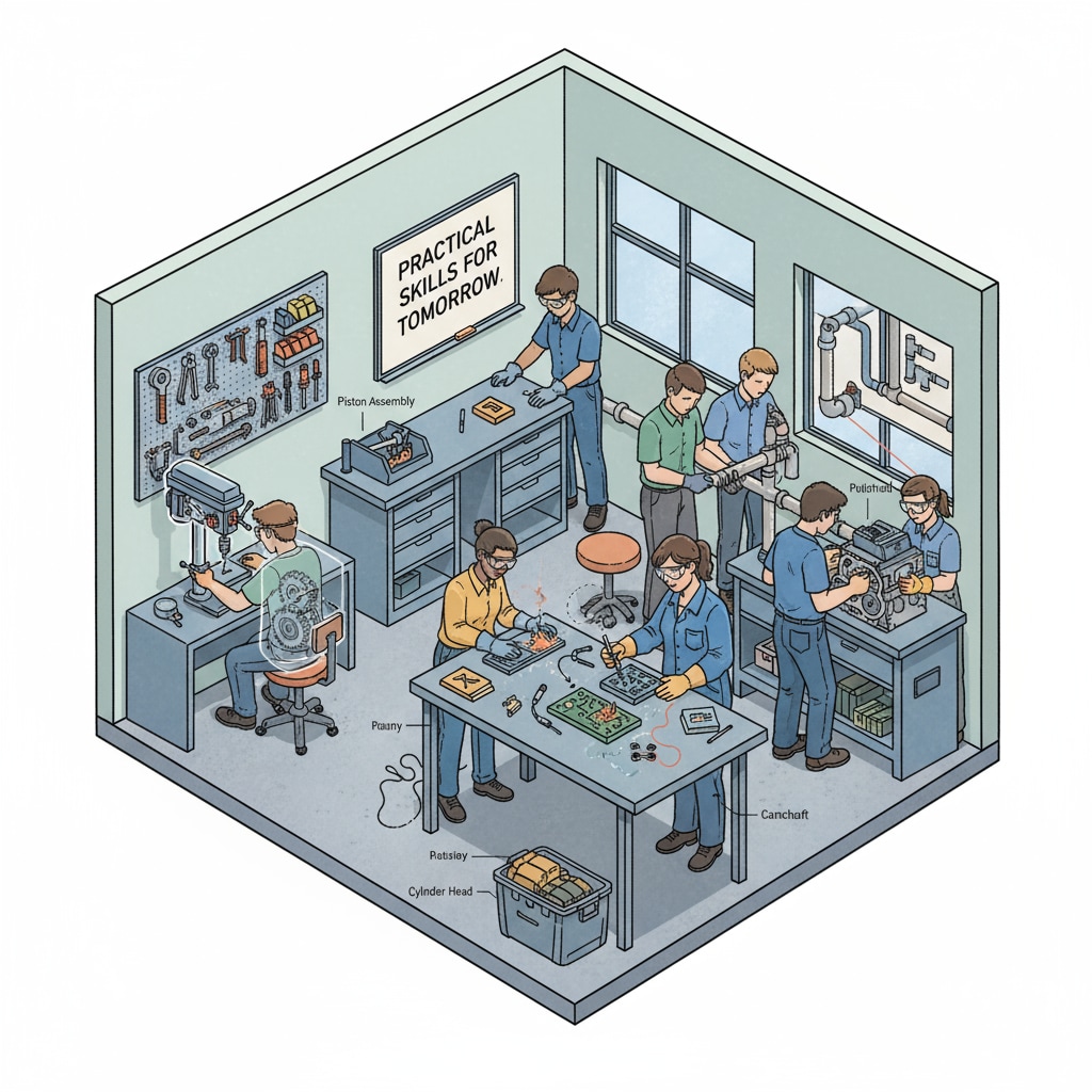 A group of students are engaged in hands-on learning in a vocational training workshop, learning practical skills related to a specific trade. Students in vocational training workshop highlighting vocational education's focus on practical skills related to investment return and employment relevance