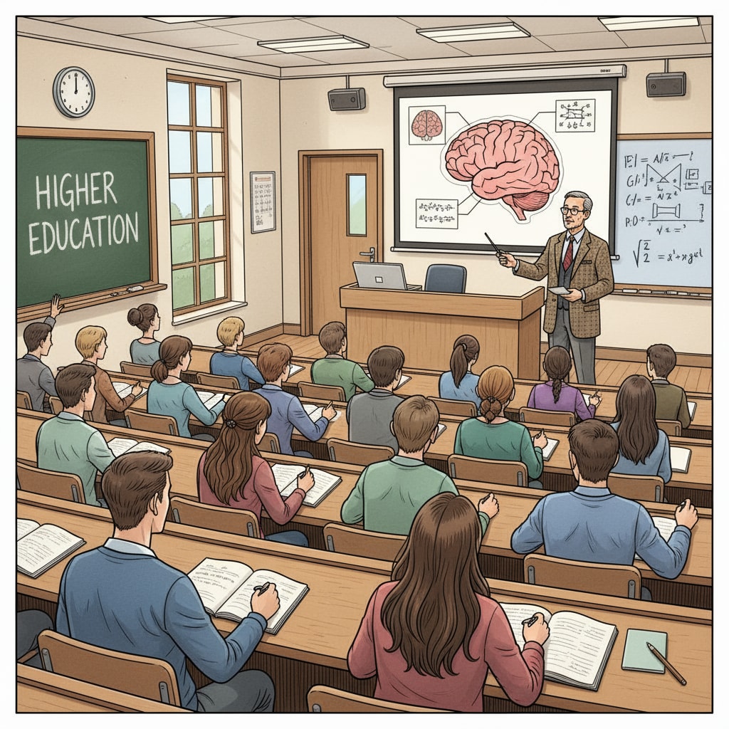 A classroom scene where university students are attentively listening to a professor, symbolizing the traditional higher education learning environment. University students in class representing the traditional higher education setup in relation to investment return and employment relevance