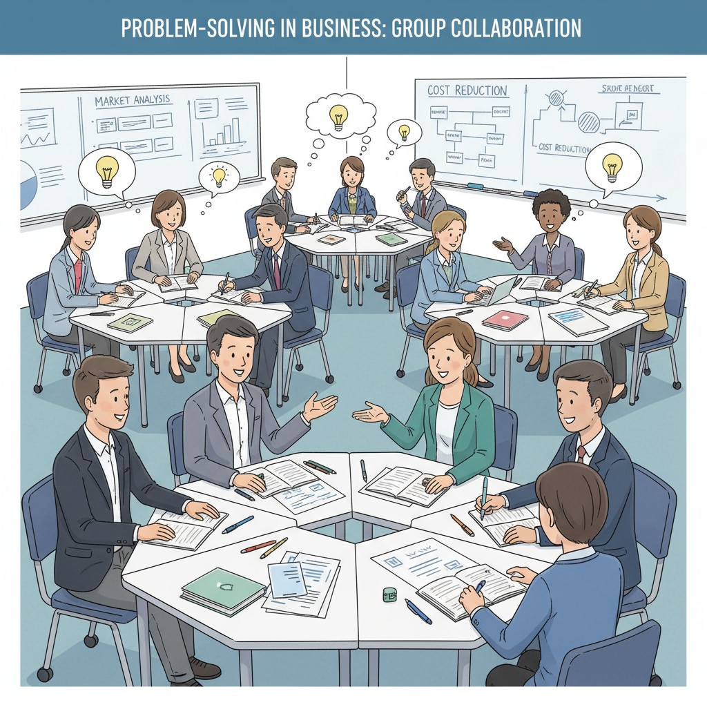 A classroom scene where students are engaged in group discussions to solve business-related problems. Students are sitting around tables, sharing ideas, and writing on papers. Students in a K-12 classroom engaged in problem-solving activities related to entrepreneurship