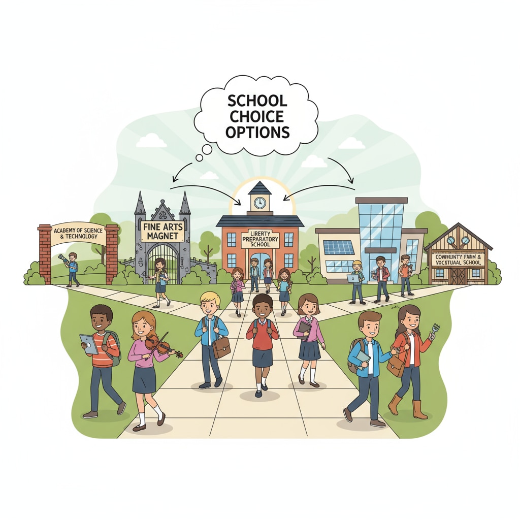 A group of students walking into different schools, which visually represents the concept of students having various school options under the school choice policy. School choice scenario with students going to different educational institutions from a conservative perspective