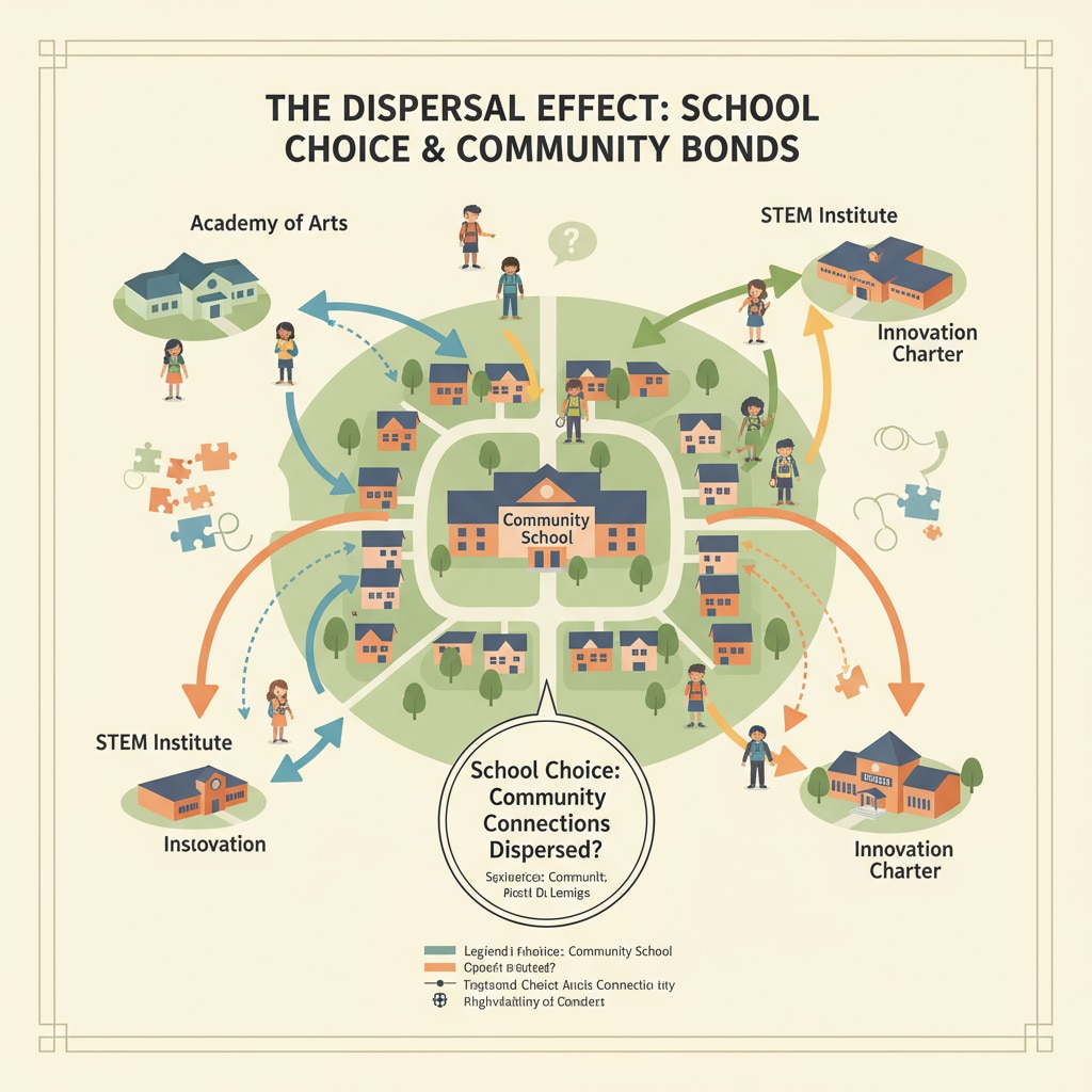 A map showing students being dispersed to different schools due to school choice, highlighting how this phenomenon can impact the connection within a community. Map depicting the effect of school choice on community connection from a conservative viewpoint