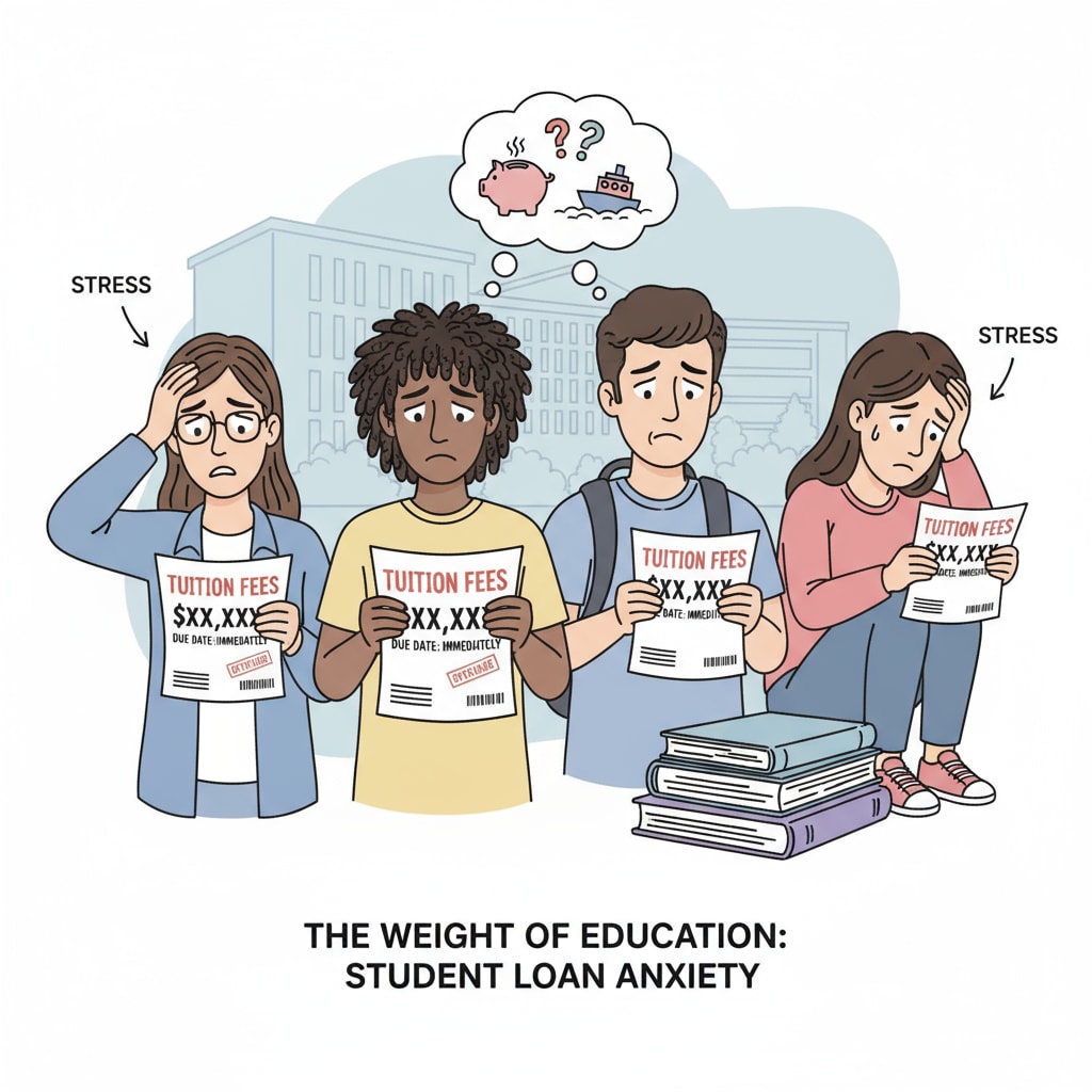 A group of students looking worried while holding tuition fee bills. This image depicts the stress and concern students face when dealing with the financial burden of tuition fees. Students worried about tuition fees in the context of economic hardship and potential community aid through donations and GoFundMe.