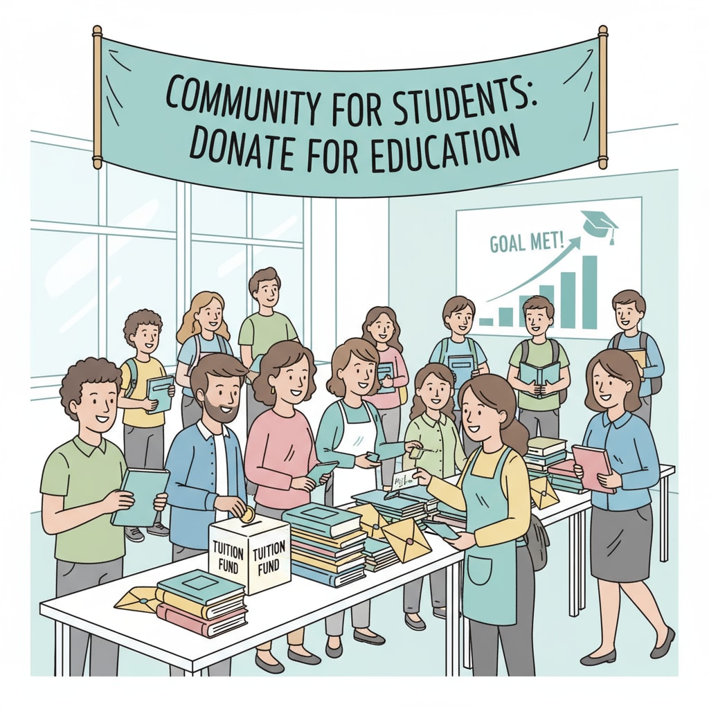 People gathering to make donations for students in need. This shows the positive and collaborative effort of a community coming together to support students facing economic hardship with tuition fees through donations. Community members donating to help students with tuition fees as part of economic hardship relief, with potential use of platforms like GoFundMe.