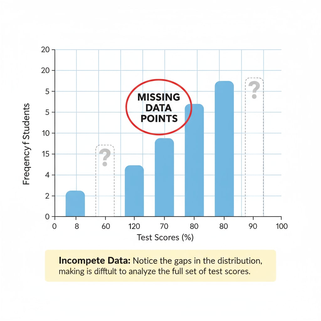 A graph presenting the distribution of test scores with some data points missing, highlighting the problem of incomplete data. Graph of test scores with missing data points related to test scores, data analysis, and outliers