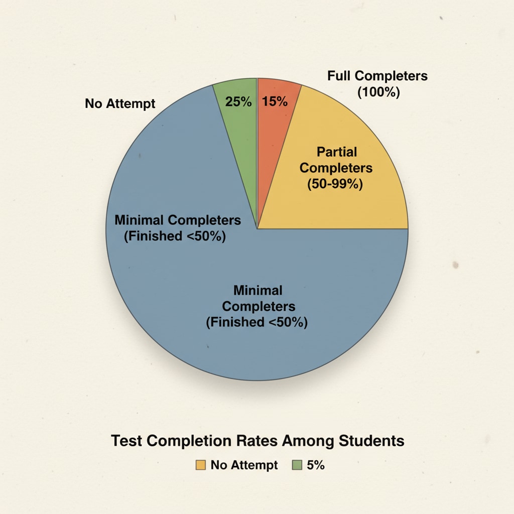 A pie chart showing the proportion of students who completed different parts of a test, emphasizing the Pie chart of test completion parts relevant to test scores, data analysis, and outliers