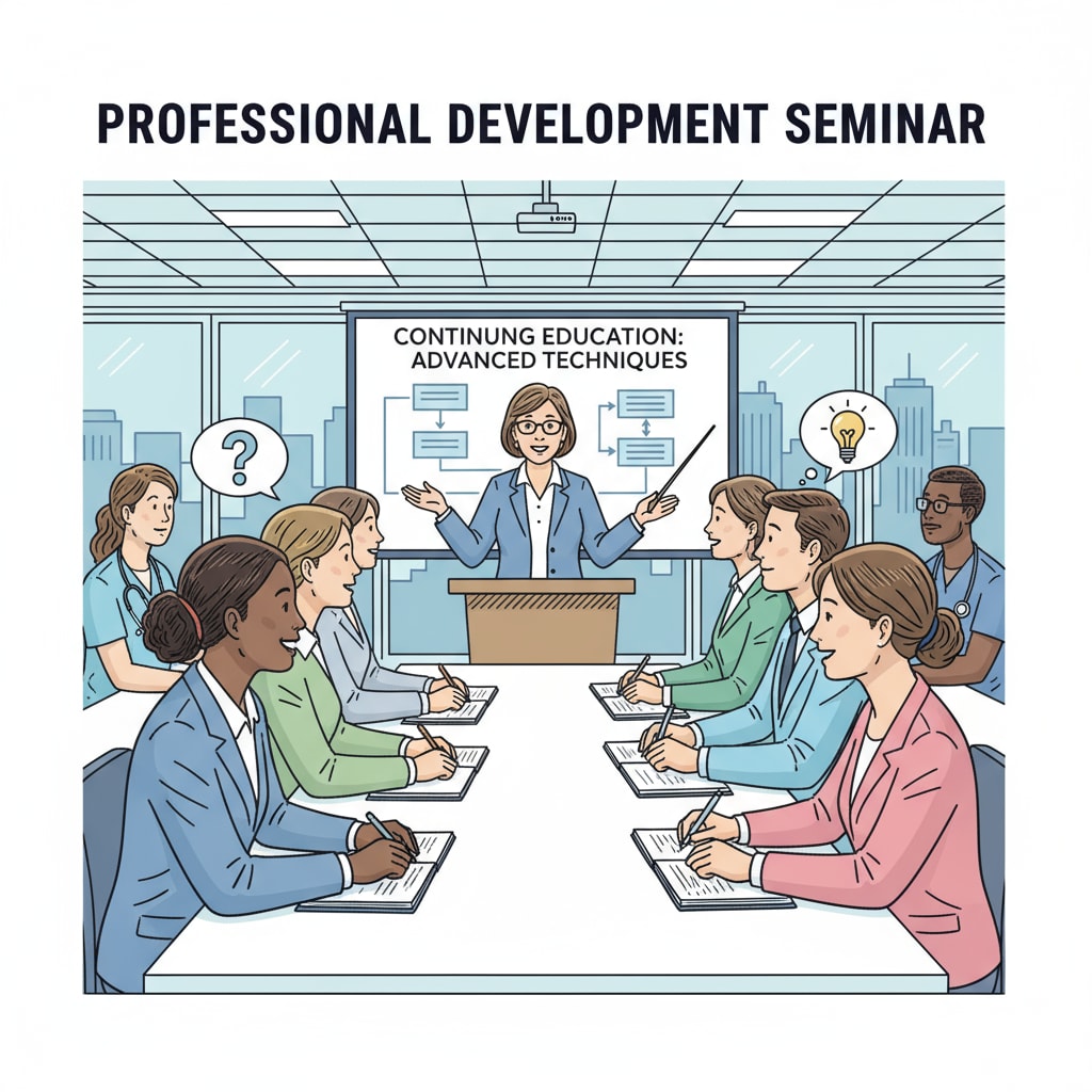 A group of professionals are attentively listening to a speaker during a continuing education seminar, showing their eagerness to learn and improve. Professionals attending a continuing education seminar for career development and educational improvement
