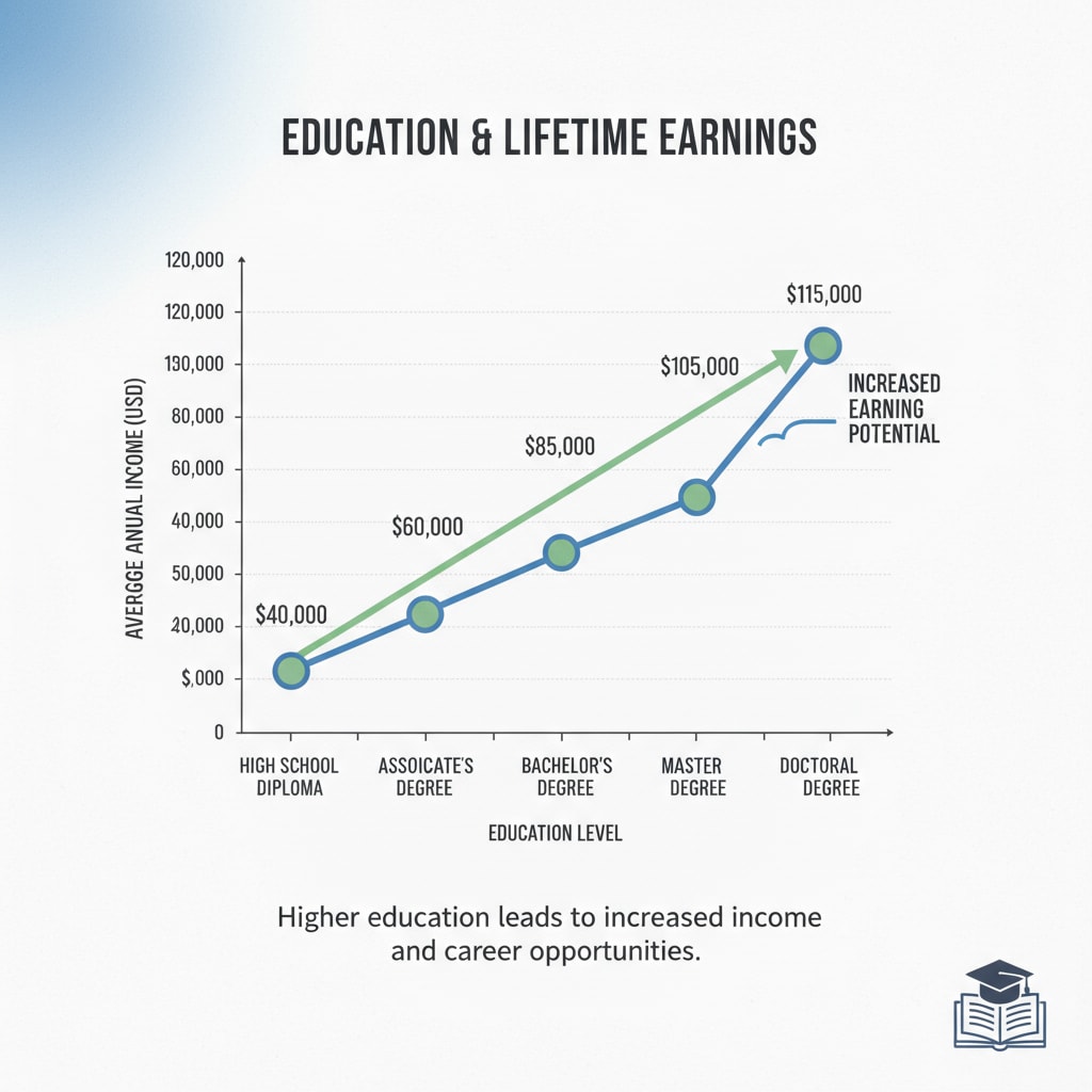 A clear graph presenting the positive correlation between different education levels and corresponding income levels, highlighting the importance of education in career development. Graph showing the relationship between education level and income for career development and educational requirements