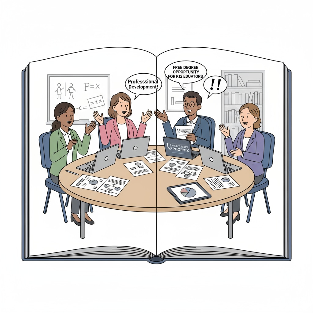 A group of K12 educators are sitting around a table, having an animated discussion about the University of Phoenix free degree opportunity, with papers and laptops in front of them. K12 educators discussing University of Phoenix free degree for career development
