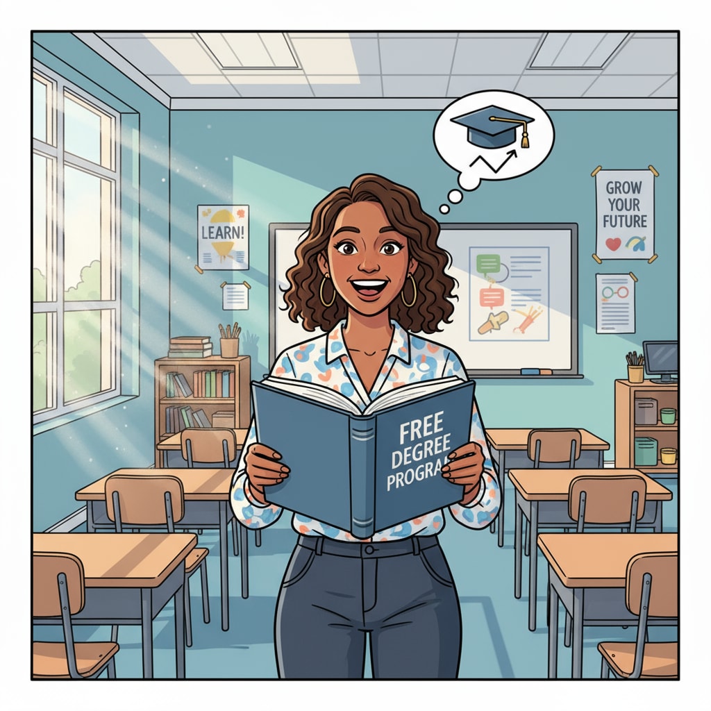 A single K12 educator is standing in front of a classroom, holding a book, with a big smile on their face, looking excited about the potential of a free degree to enhance their career. K12 educator showing excitement for University of Phoenix free degree career boost