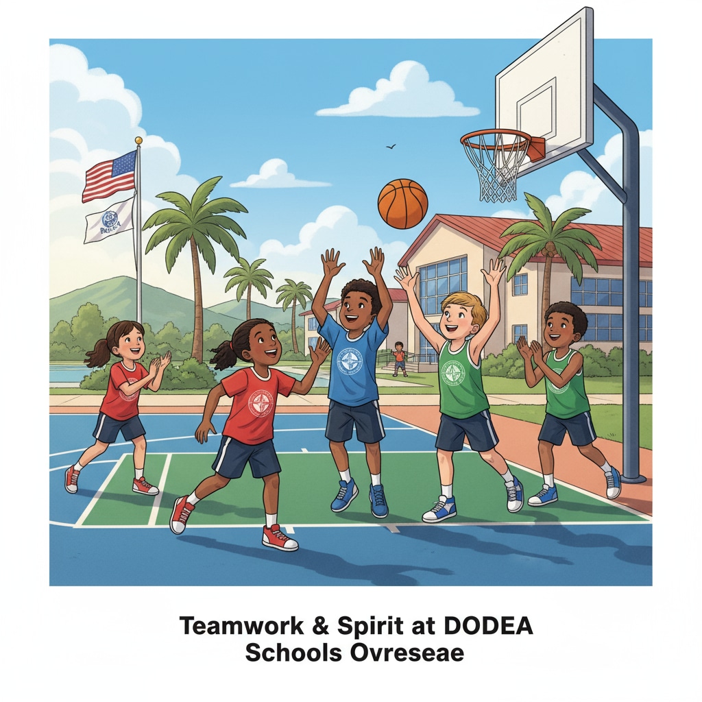 A group of military children playing basketball on a sunny day at a DODEA school overseas, showing their enthusiasm and teamwork. Military children playing basketball at an overseas DODEA school during normal times