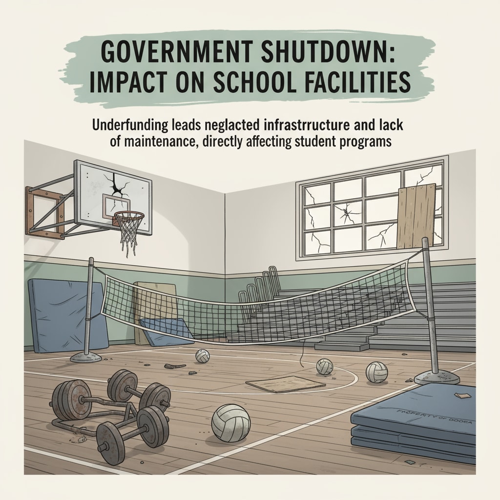 A DODEA school gym with sports equipment in disrepair during a government shutdown, highlighting the negative impact on sports facilities. Disrepair of sports facilities at a DODEA school during a government shutdown